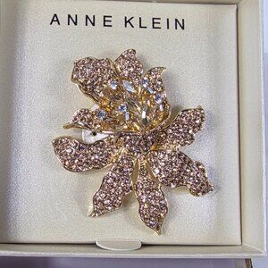 Anne Klien Boxed Christmas Gift Brooch Jeweled Crystals Topaz Open Flower